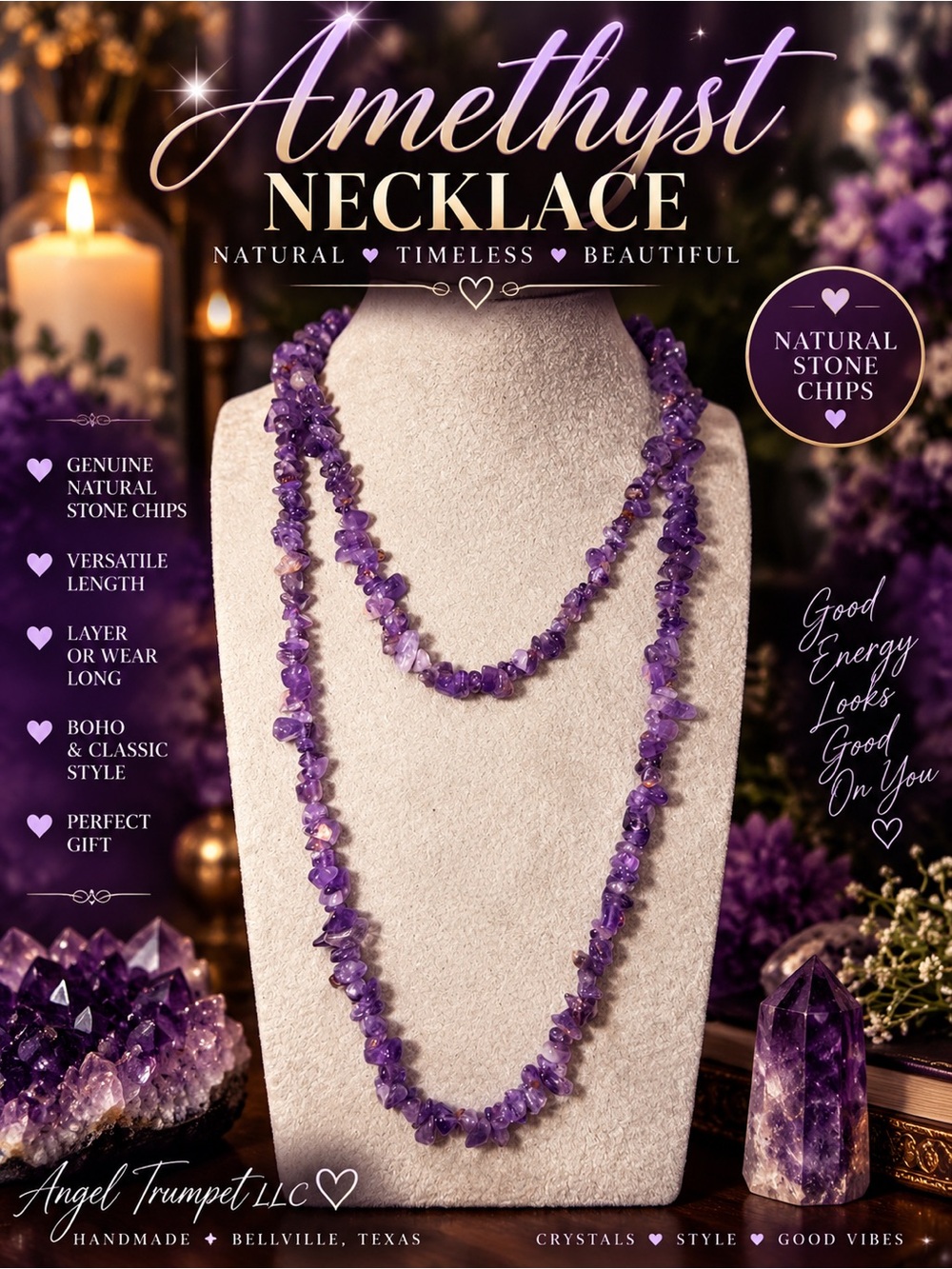 Purple Amethyst Stone Chip Long Layered Necklace